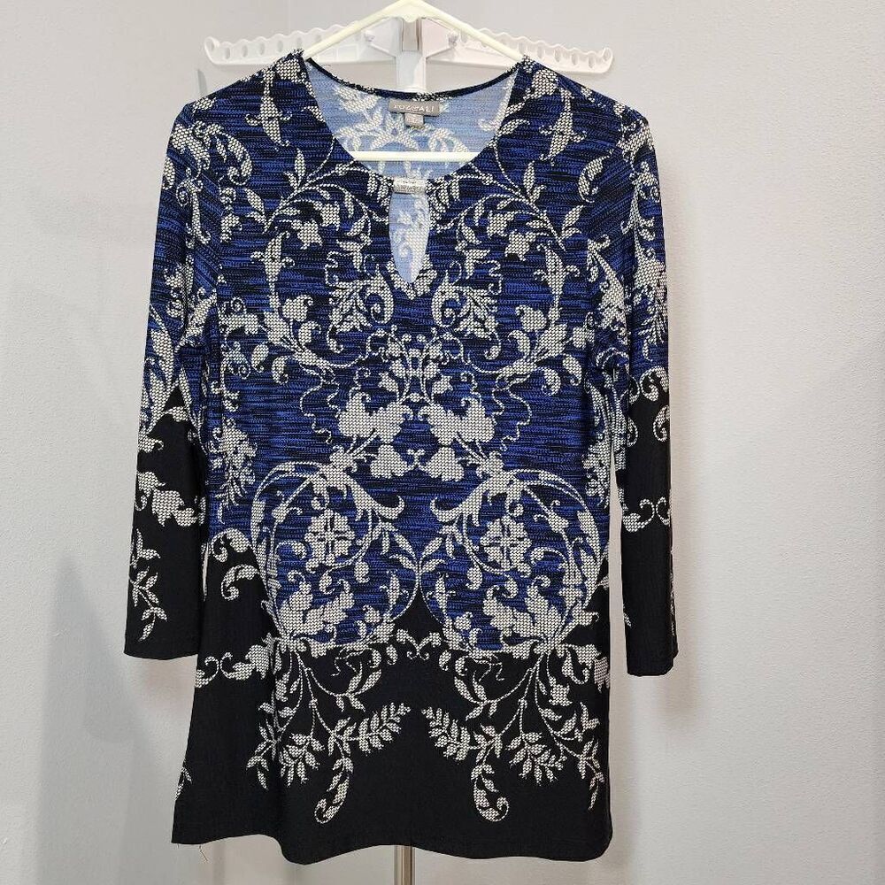 Roz & Ali black, blue and white design blouse top size S